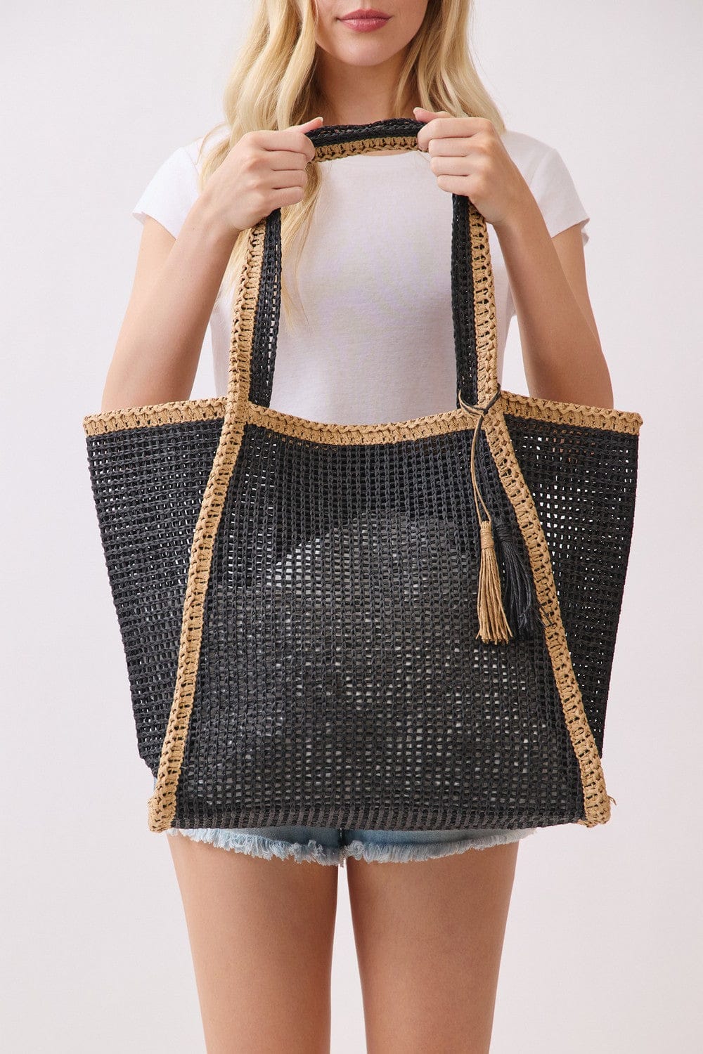 MB0338 Two Tone Woven Straw Beach Tote Bag - MiMi Wholesale