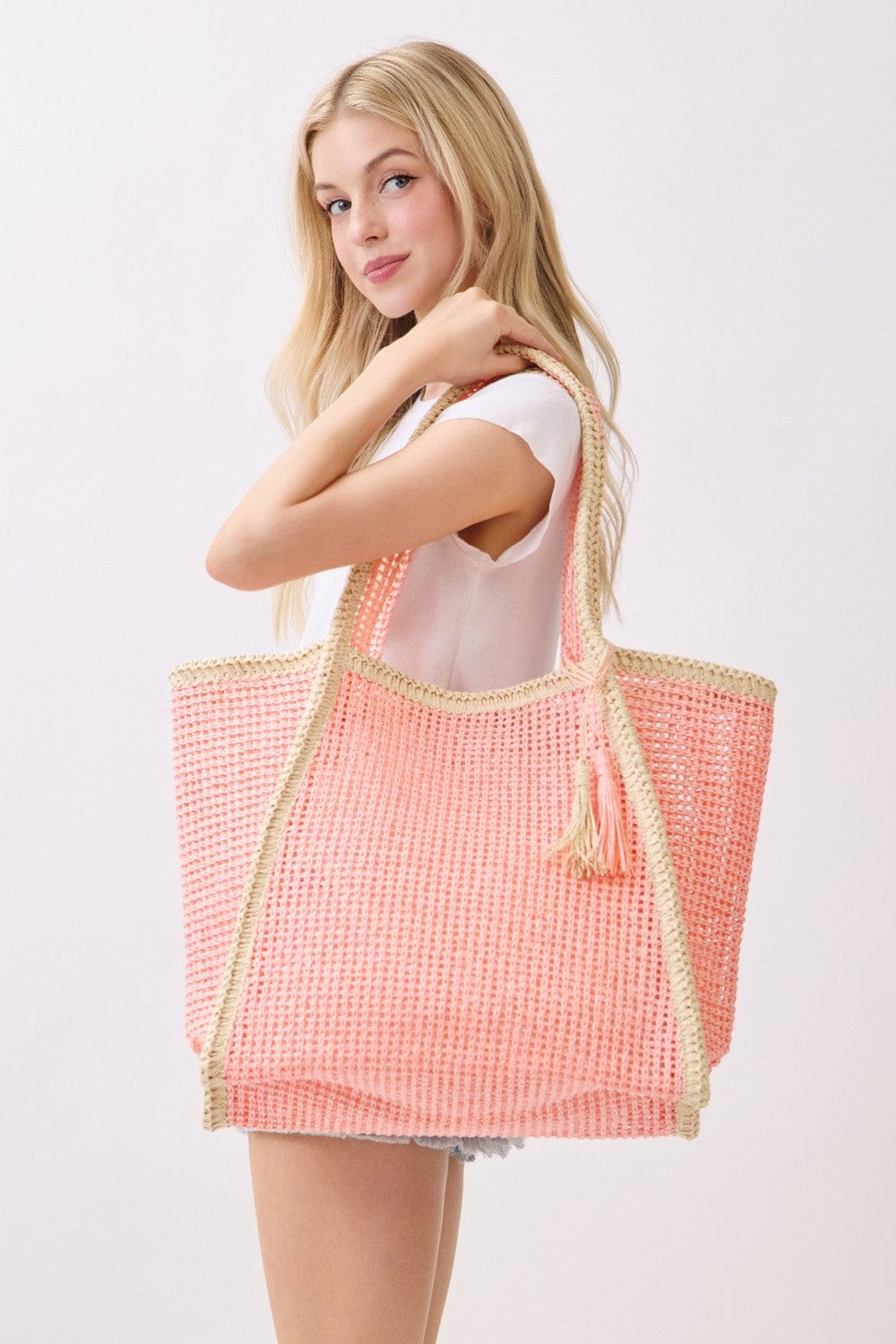 MB0338 Two Tone Woven Straw Beach Tote Bag - MiMi Wholesale