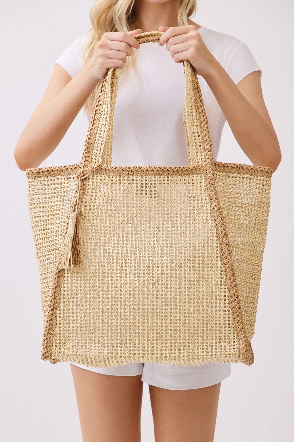 MB0338 Two Tone Woven Straw Beach Tote Bag - MiMi Wholesale