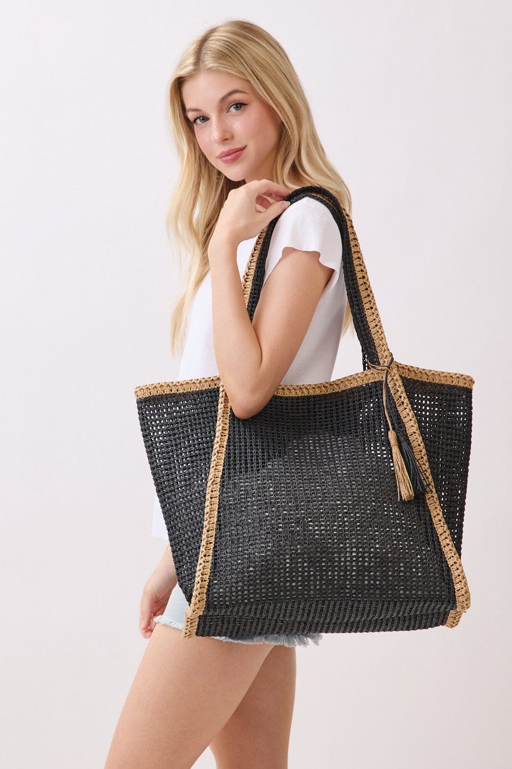 MB0338 Two Tone Woven Straw Beach Tote Bag - MiMi Wholesale