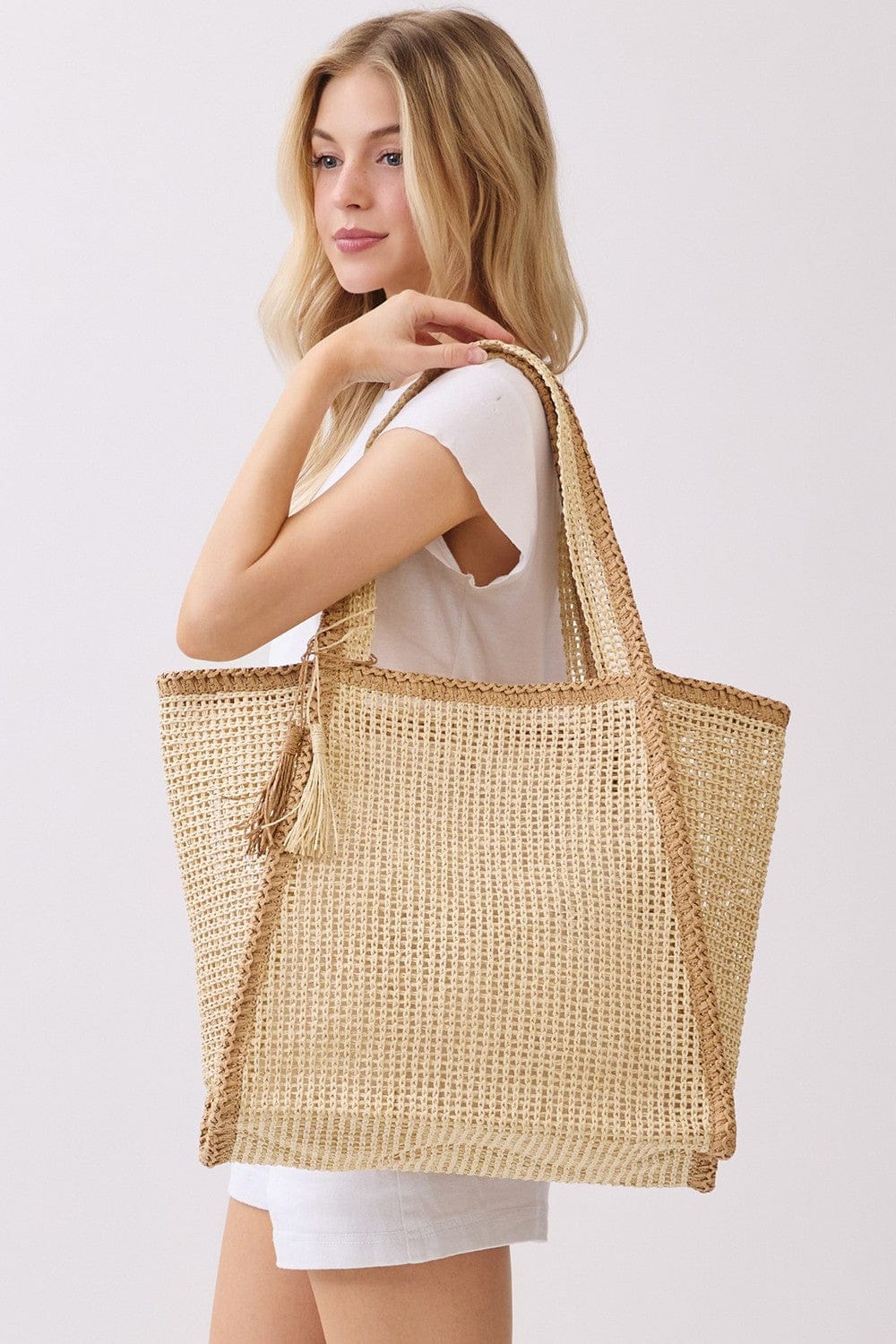 MB0338 Two Tone Woven Straw Beach Tote Bag - MiMi Wholesale