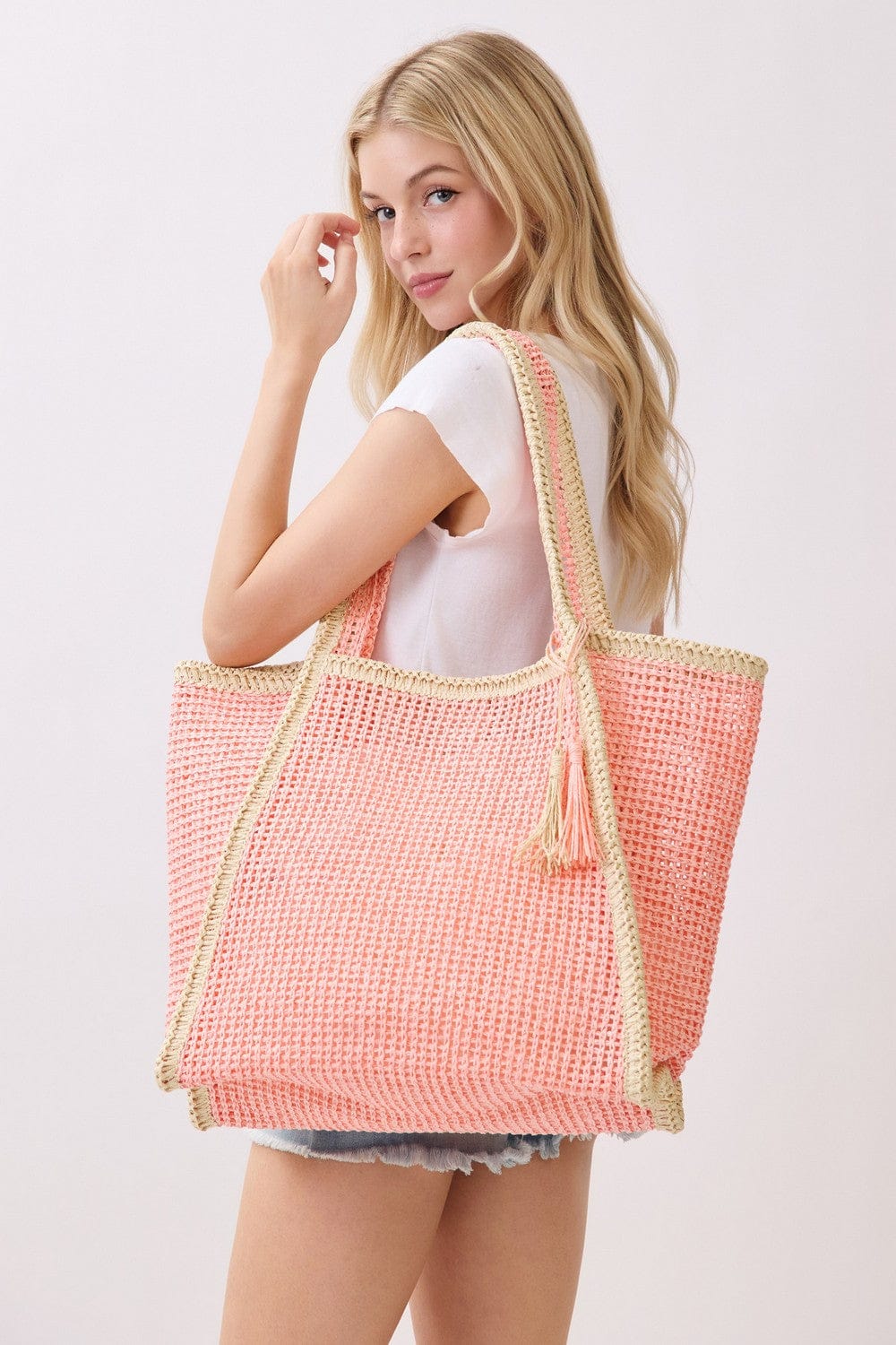 MB0338 Two Tone Woven Straw Beach Tote Bag - MiMi Wholesale