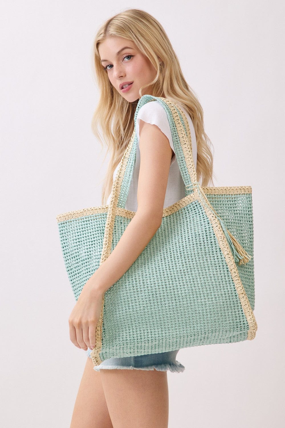 MB0338 Two Tone Woven Straw Beach Tote Bag - MiMi Wholesale