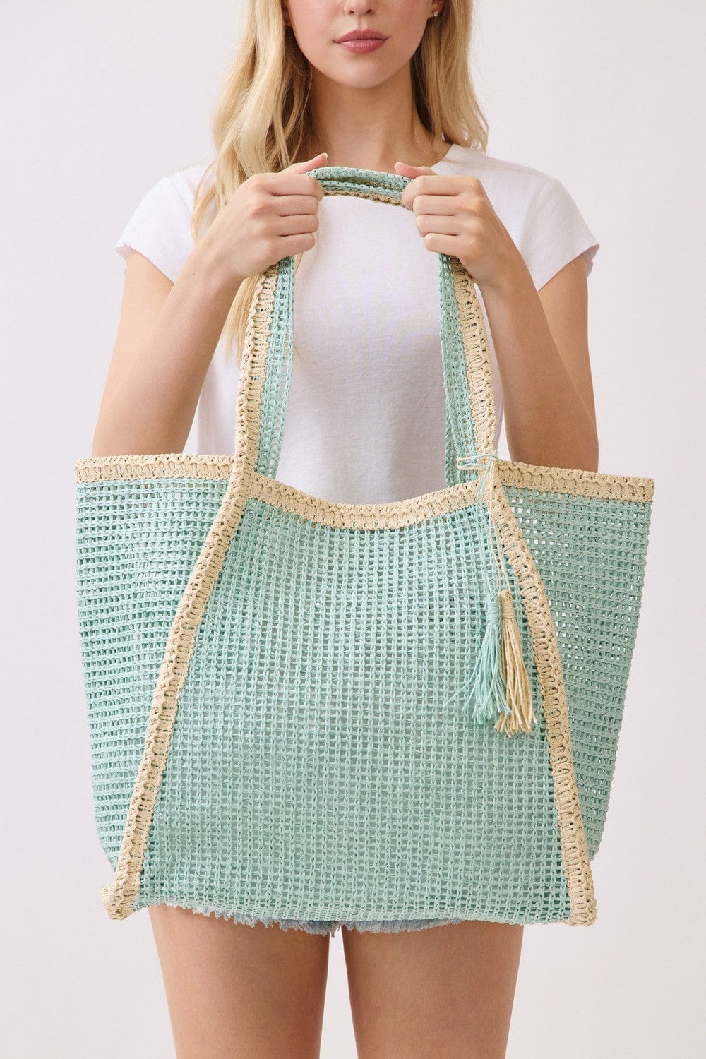 MB0338 Two Tone Woven Straw Beach Tote Bag - MiMi Wholesale