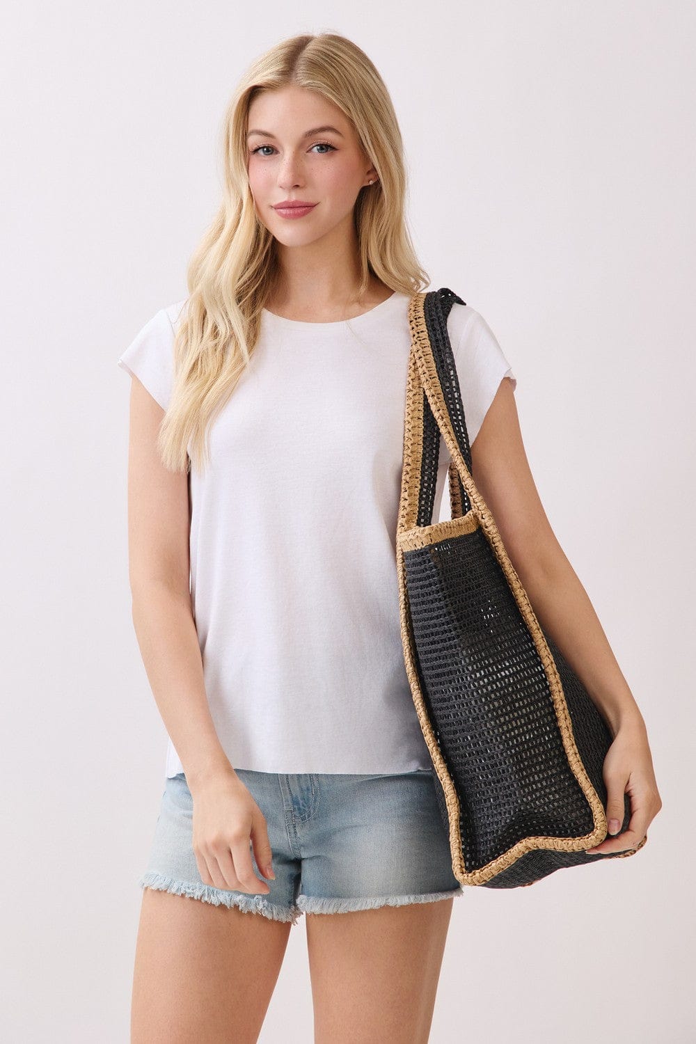 MB0338 Two Tone Woven Straw Beach Tote Bag - MiMi Wholesale