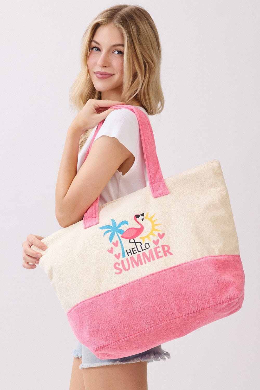 MB0344 Hello Summer Flamingo Terry Beach Tote Bag - MiMi Wholesale