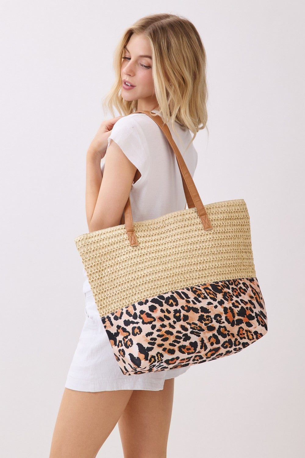 MB0352 Leopard Print Straw Tote Bag - MiMi Wholesale