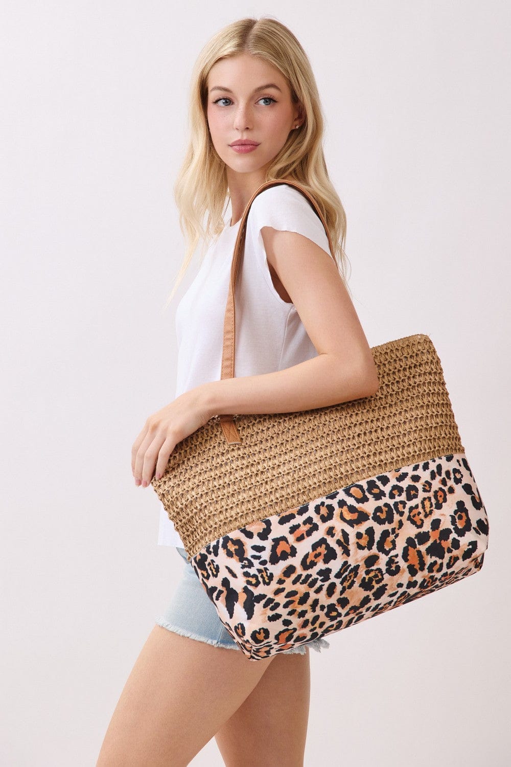 MB0352 Leopard Print Straw Tote Bag - MiMi Wholesale