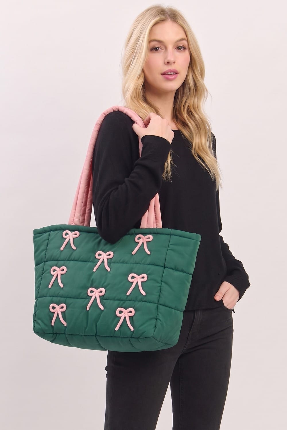 MB0375 Pink Bows Quilted Puffer Tote Bag - MiMi Wholesale