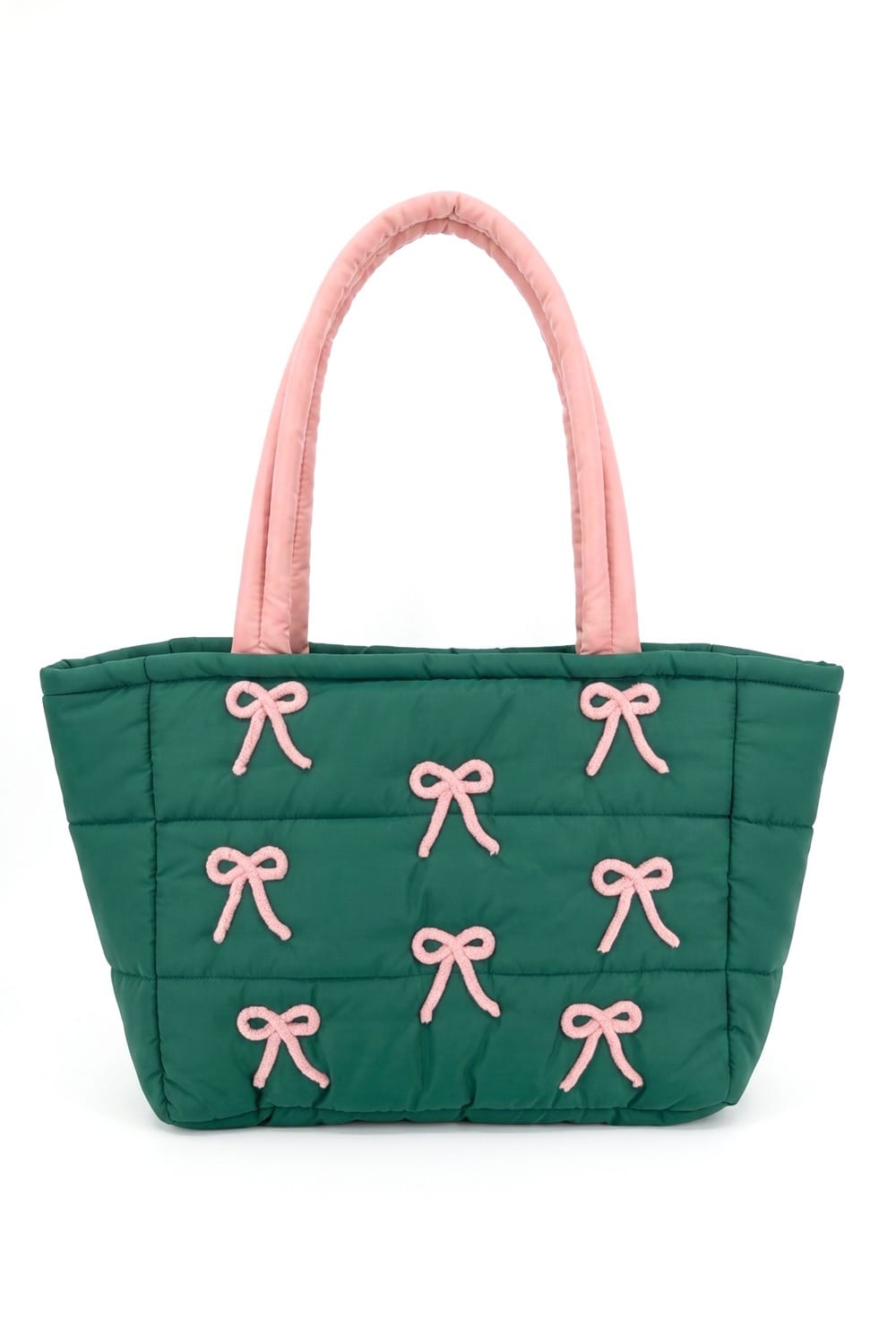 MB0375 Pink Bows Quilted Puffer Tote Bag - MiMi Wholesale
