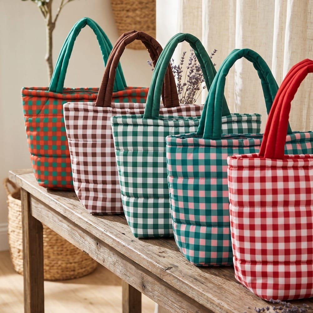 MB0377T Gingham Quilted Puffer Tote Bag - MiMi Wholesale