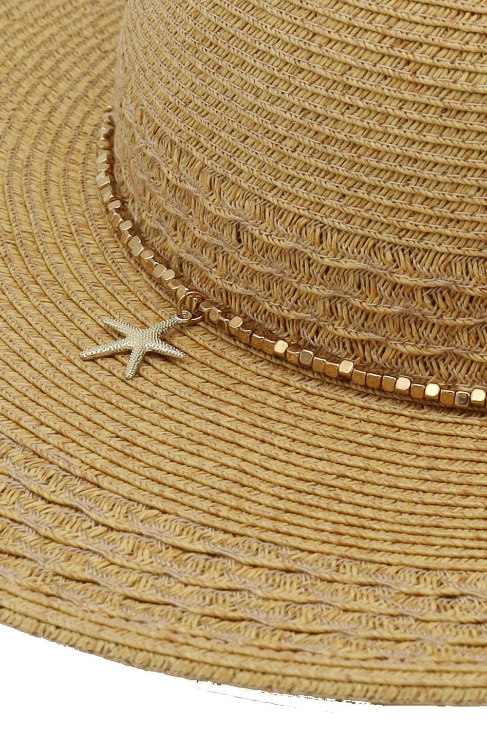 MH0286 Wide Brim Straw Hat With Starfish Sequin Charm Band - MiMi Wholesale