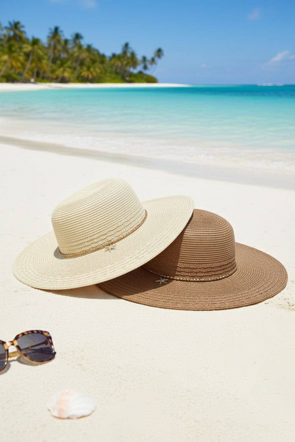 MH0286 Wide Brim Straw Hat With Starfish Sequin Charm Band - MiMi Wholesale