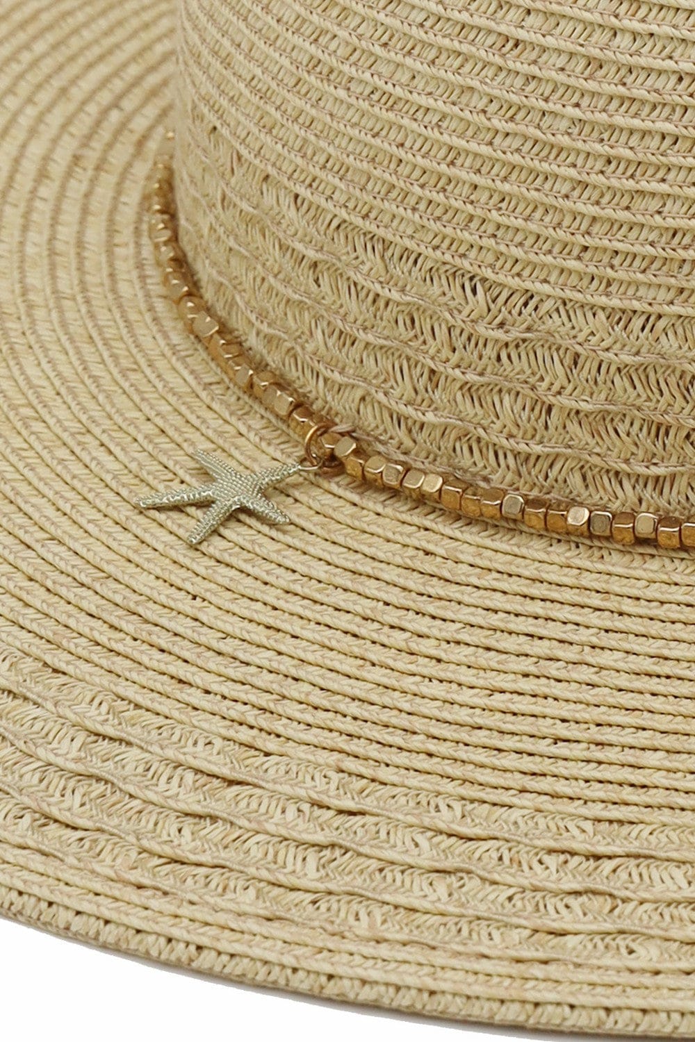 MH0286 Wide Brim Straw Hat With Starfish Sequin Charm Band - MiMi Wholesale
