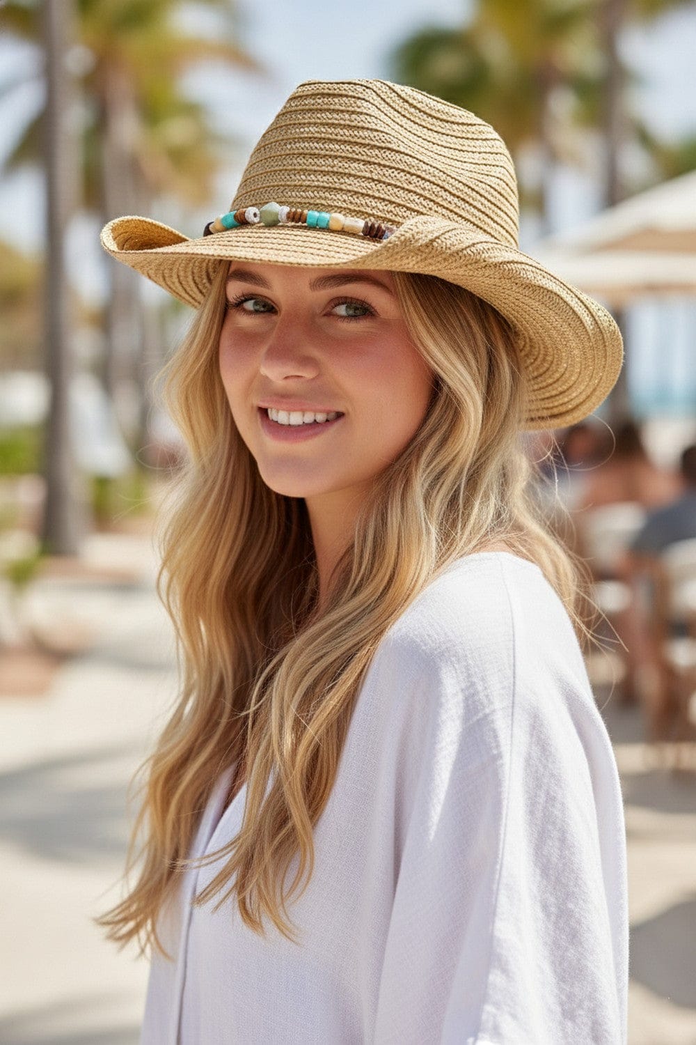 MH0289 Straw Cowboy Hat With Stone and Wood Bead Band - MiMi Wholesale