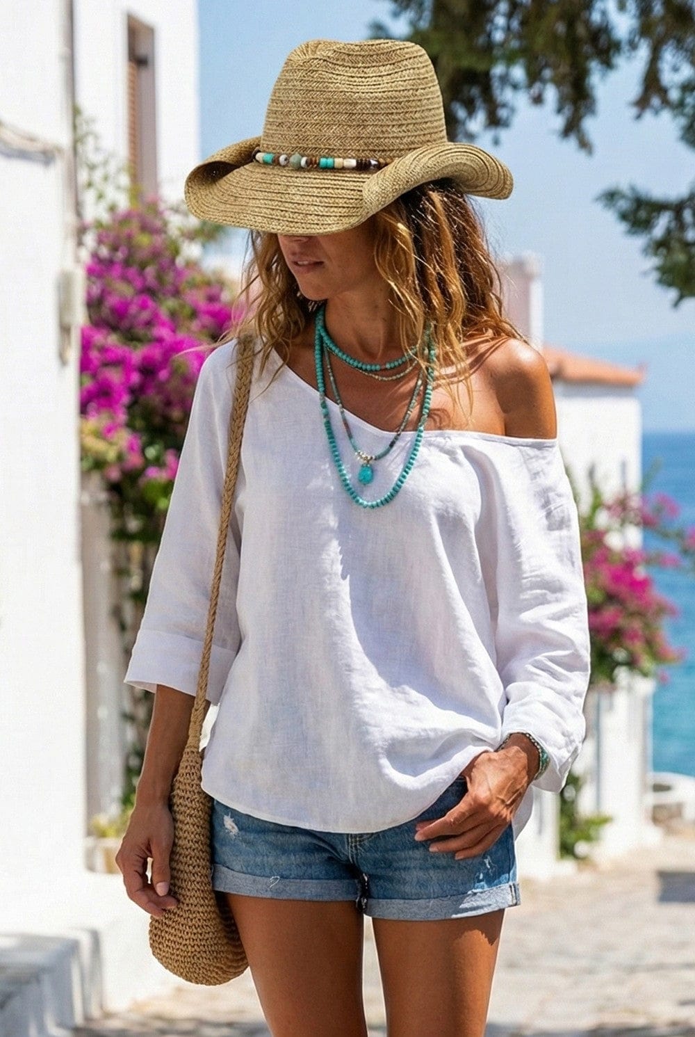MH0289 Straw Cowboy Hat With Stone and Wood Bead Band - MiMi Wholesale