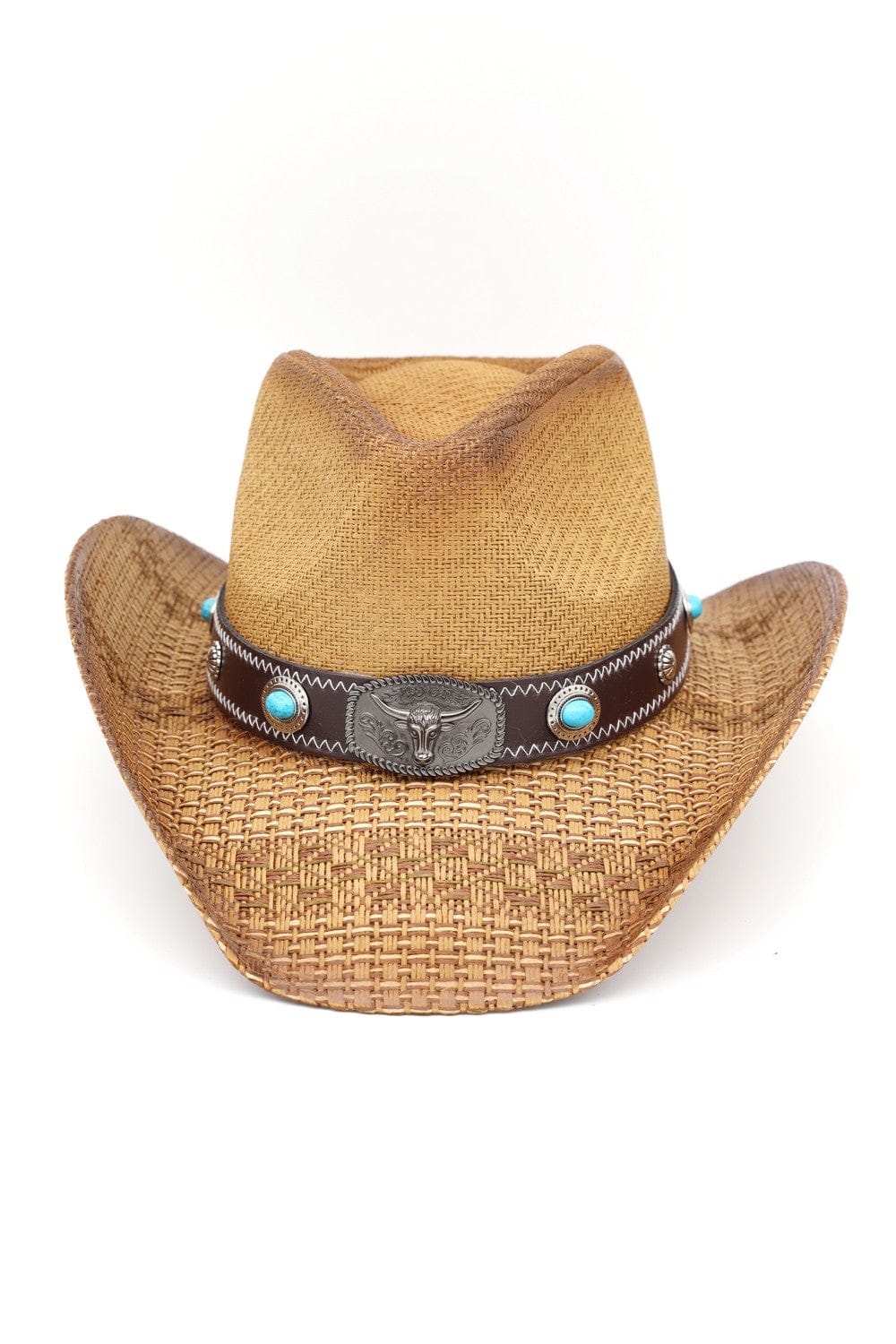 MH0351 Western Straw Cowboy Hat With Turquoise Concho Band - MiMi Wholesale