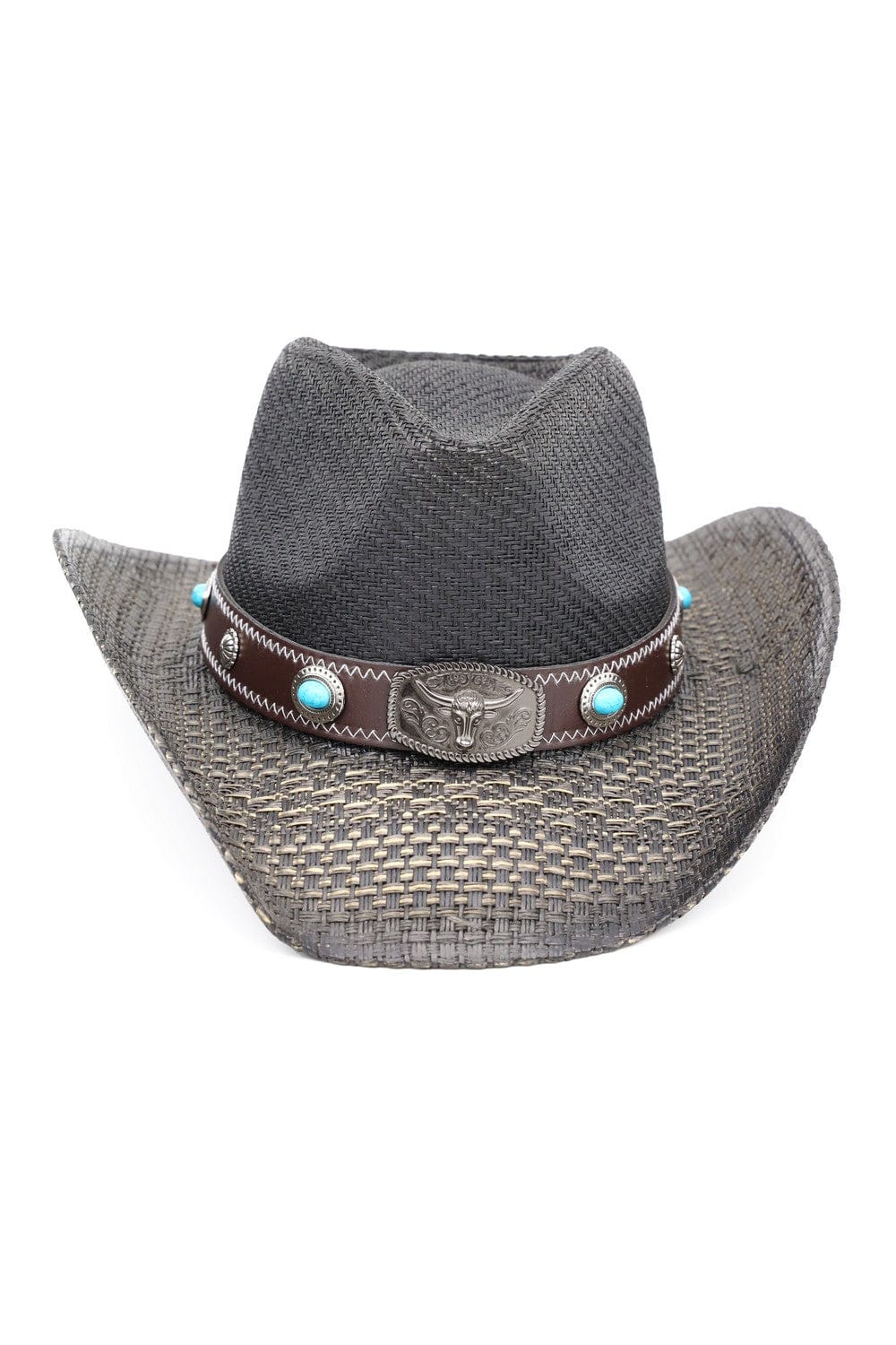 MH0351 Western Straw Cowboy Hat With Turquoise Concho Band - MiMi Wholesale