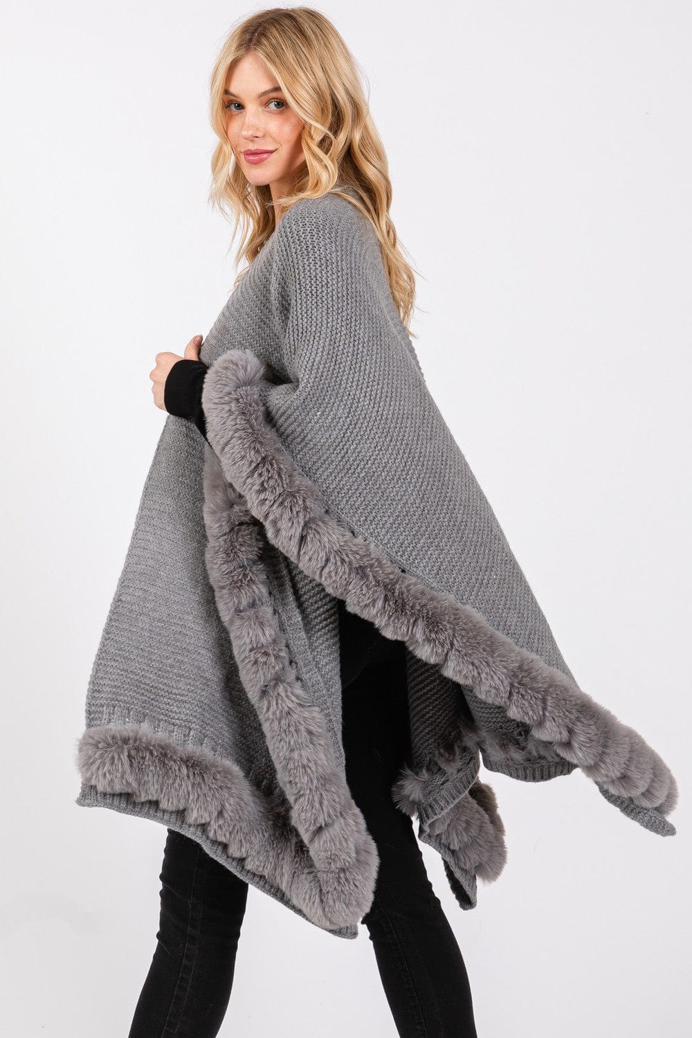 MS0409 Faux Fur Trim Cape With Closure - MiMi Wholesale