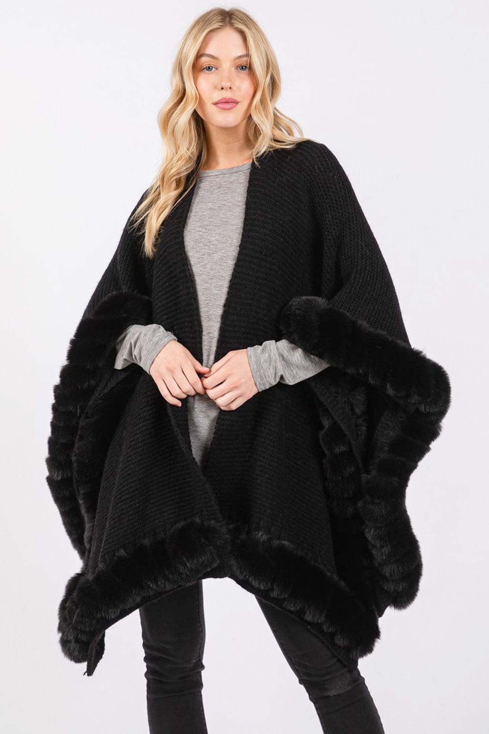MS0409 Faux Fur Trim Cape With Closure - MiMi Wholesale