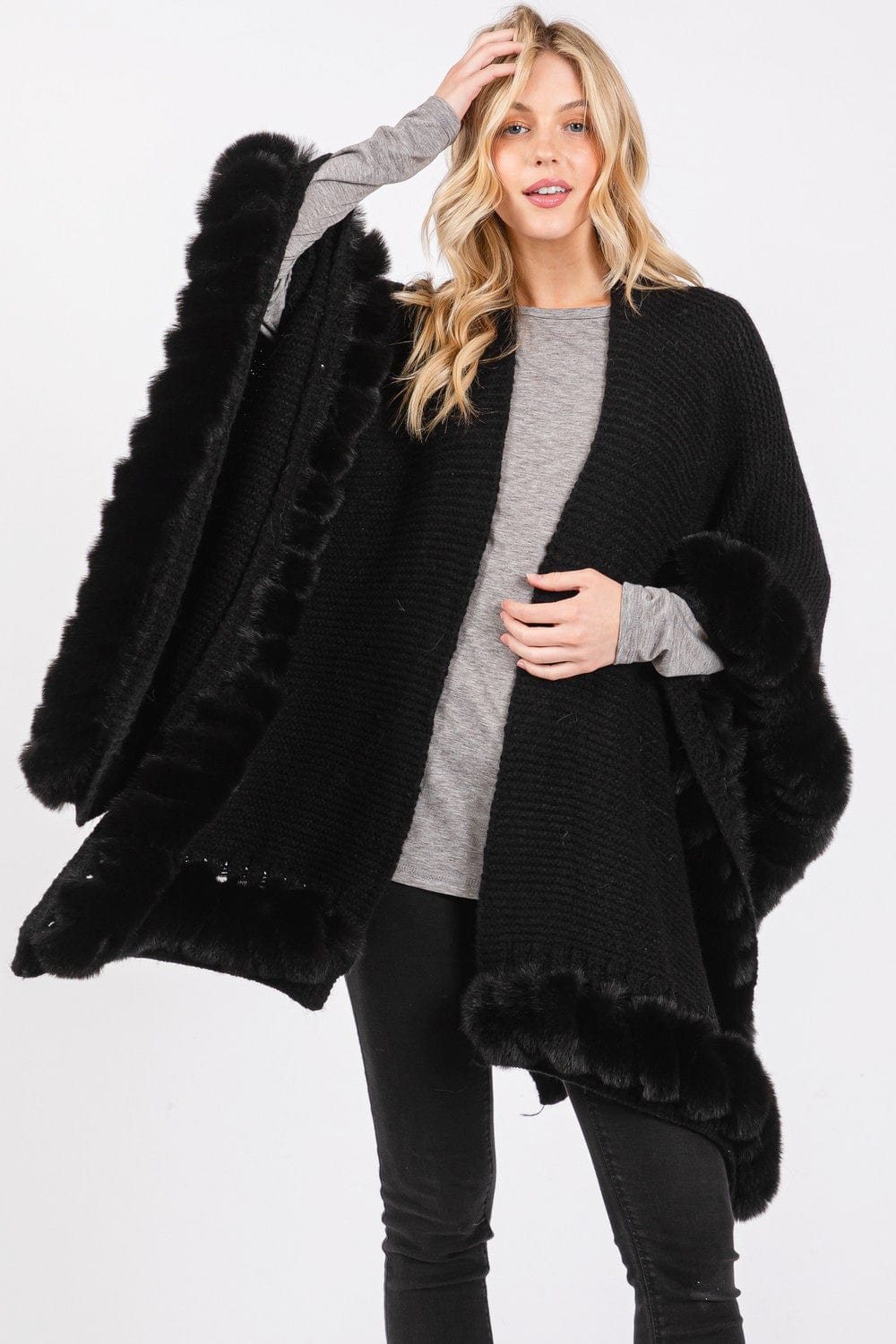 MS0409 Faux Fur Trim Cape With Closure - MiMi Wholesale