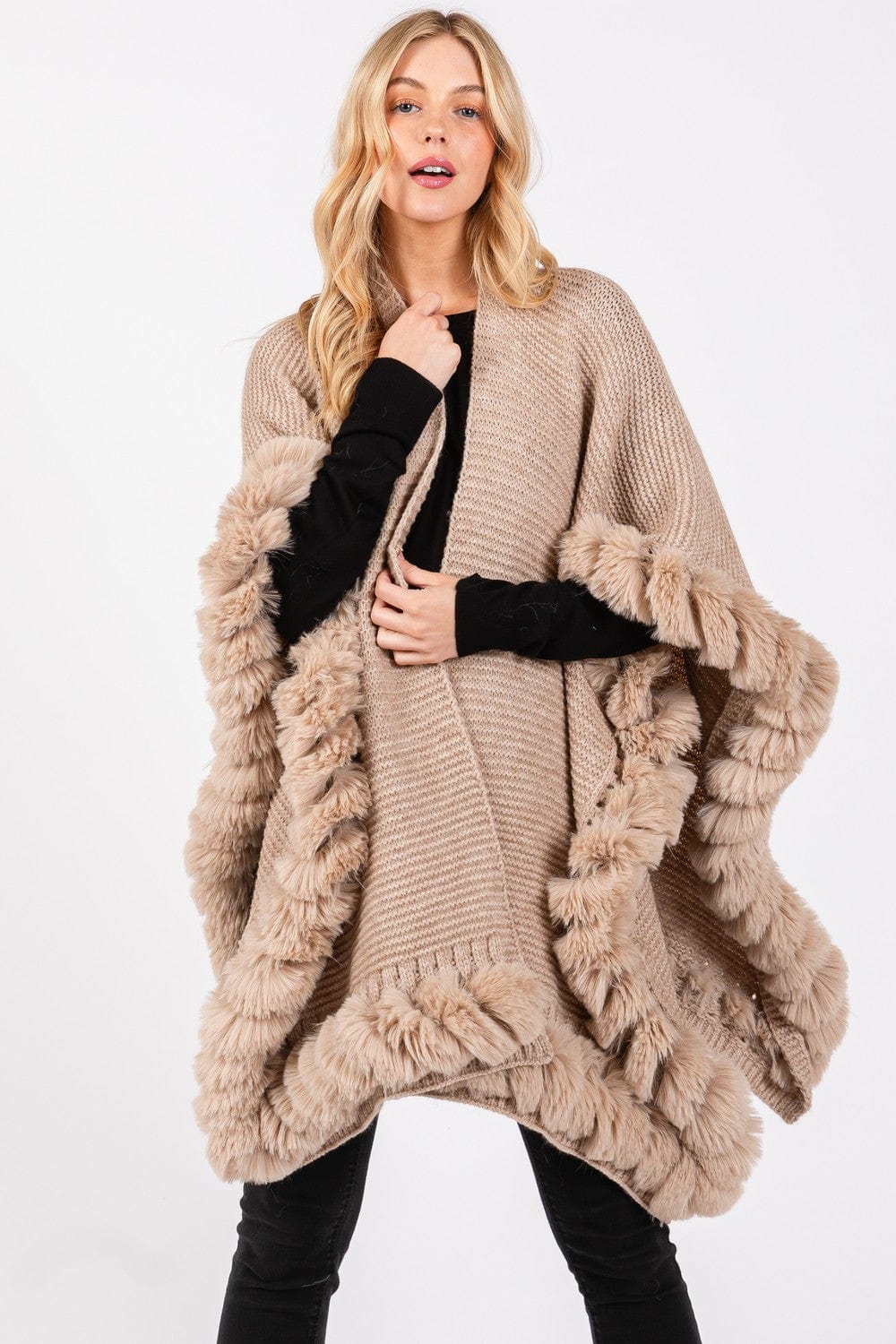 MS0409 Faux Fur Trim Cape With Closure - MiMi Wholesale