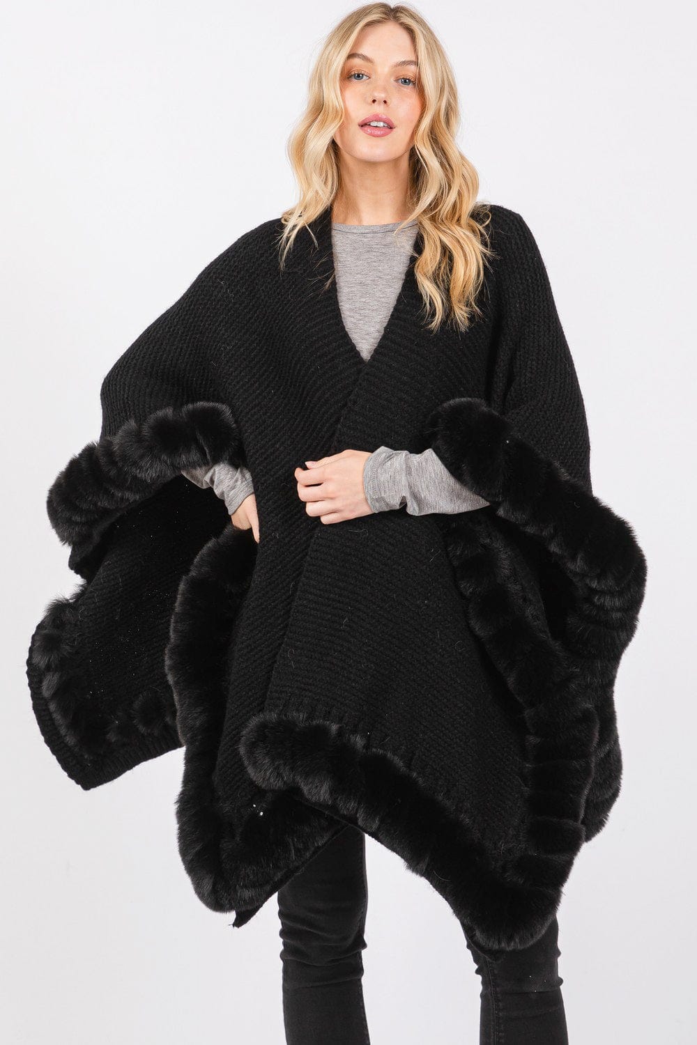MS0409 Faux Fur Trim Cape With Closure - MiMi Wholesale