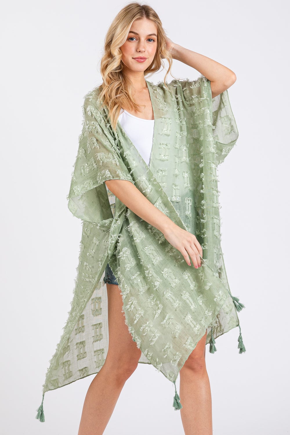 MS0427 Distressed Pattern Tassel Kimono - MiMi Wholesale