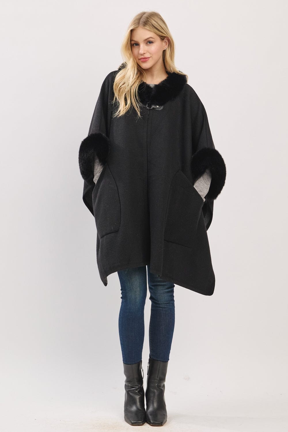 MS0454 Cape With Faux Fur Trim and Toggle Closure - MiMi Wholesale