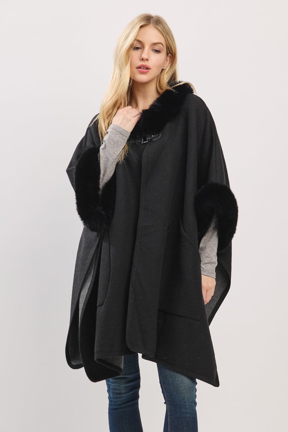 MS0454 Cape With Faux Fur Trim and Toggle Closure - MiMi Wholesale