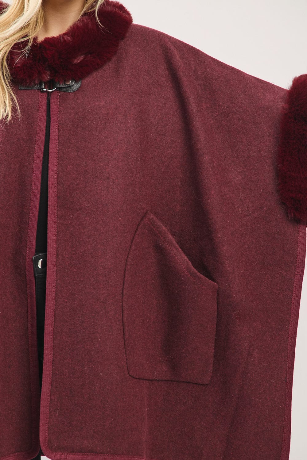 MS0454 Cape With Faux Fur Trim and Toggle Closure - MiMi Wholesale