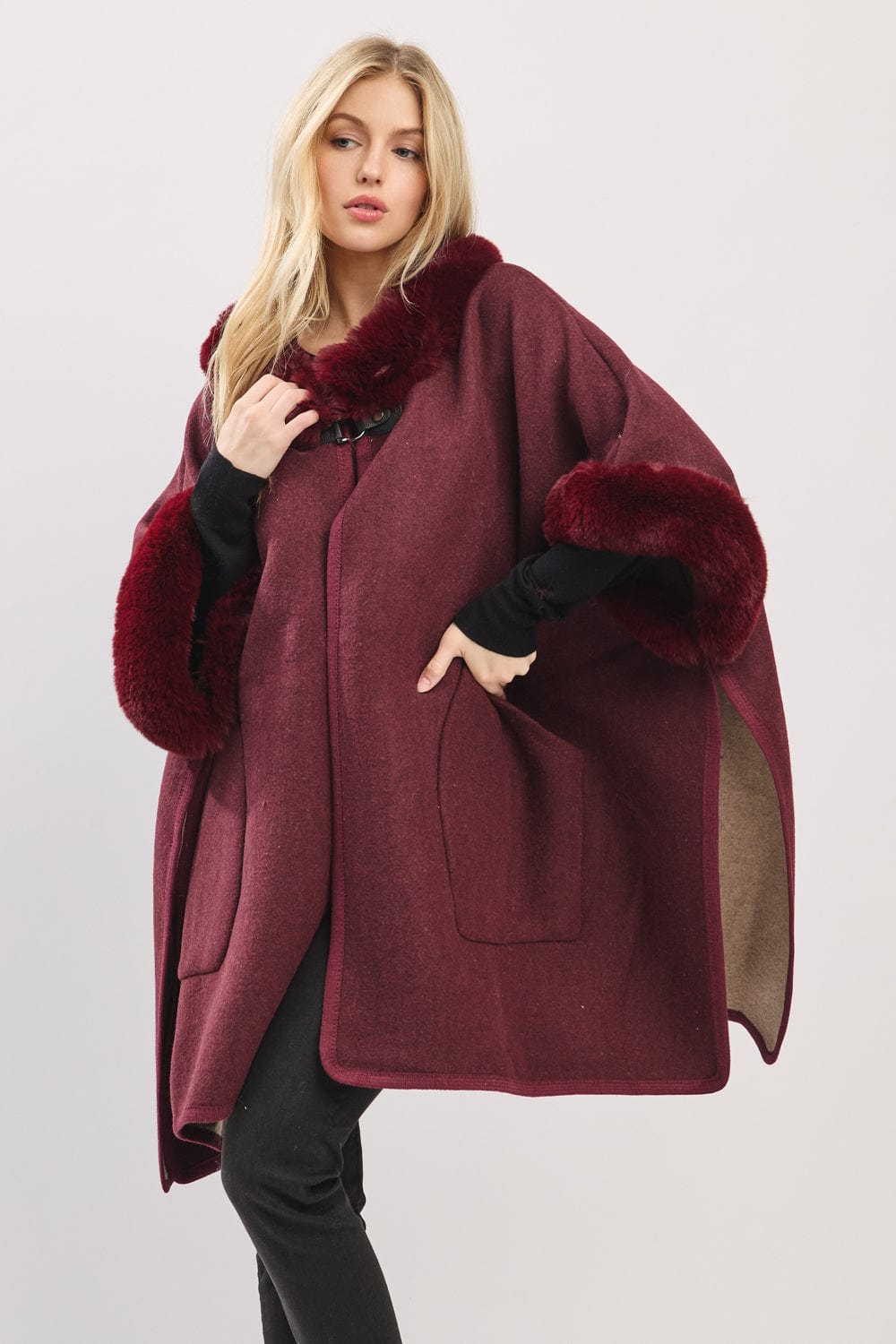 MS0454 Cape With Faux Fur Trim and Toggle Closure - MiMi Wholesale