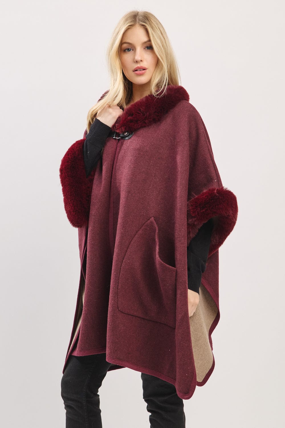 MS0454 Cape With Faux Fur Trim and Toggle Closure - MiMi Wholesale