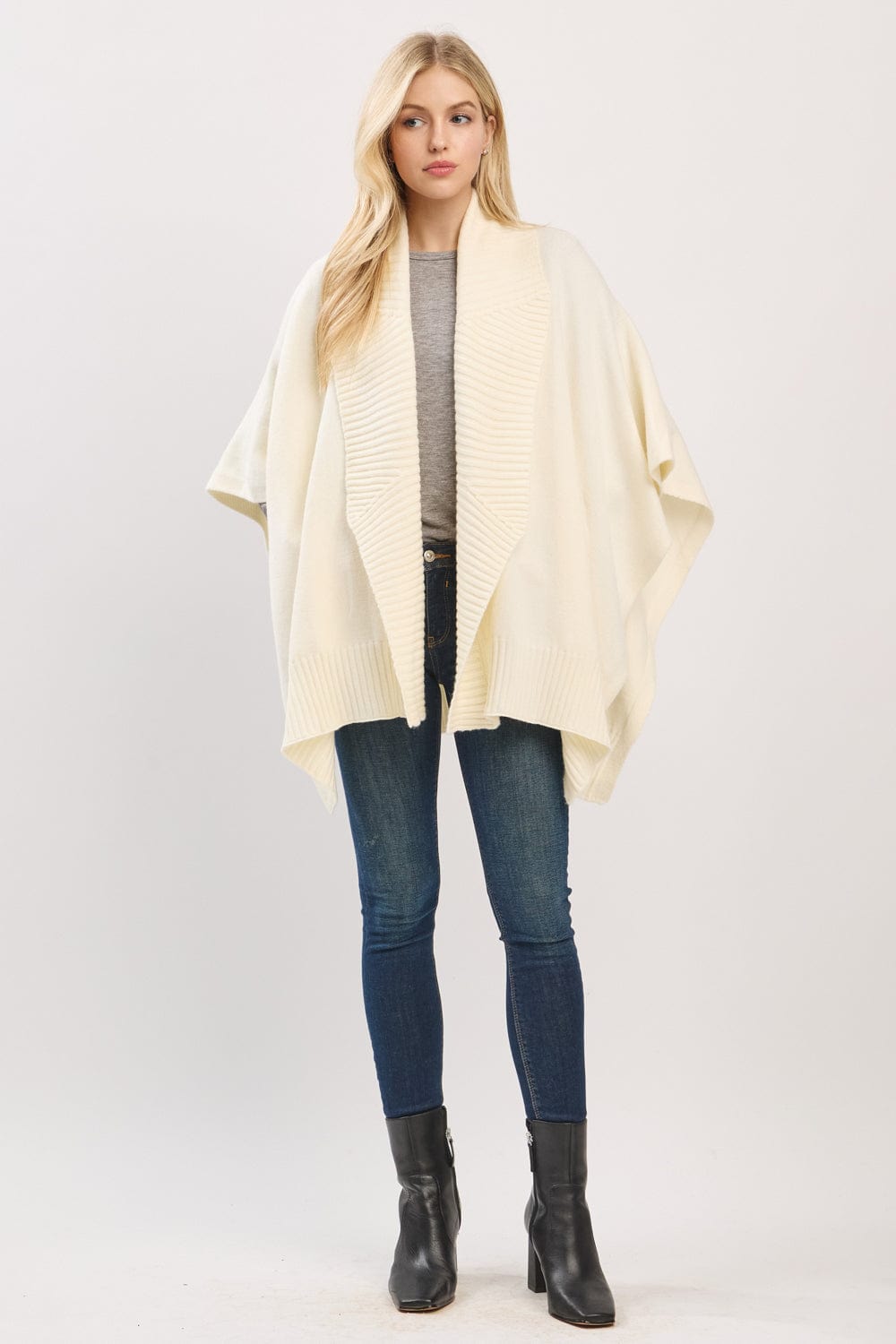 MS0455 Soft Knit Open Front Shawl With Ribbed Trim - MiMi Wholesale