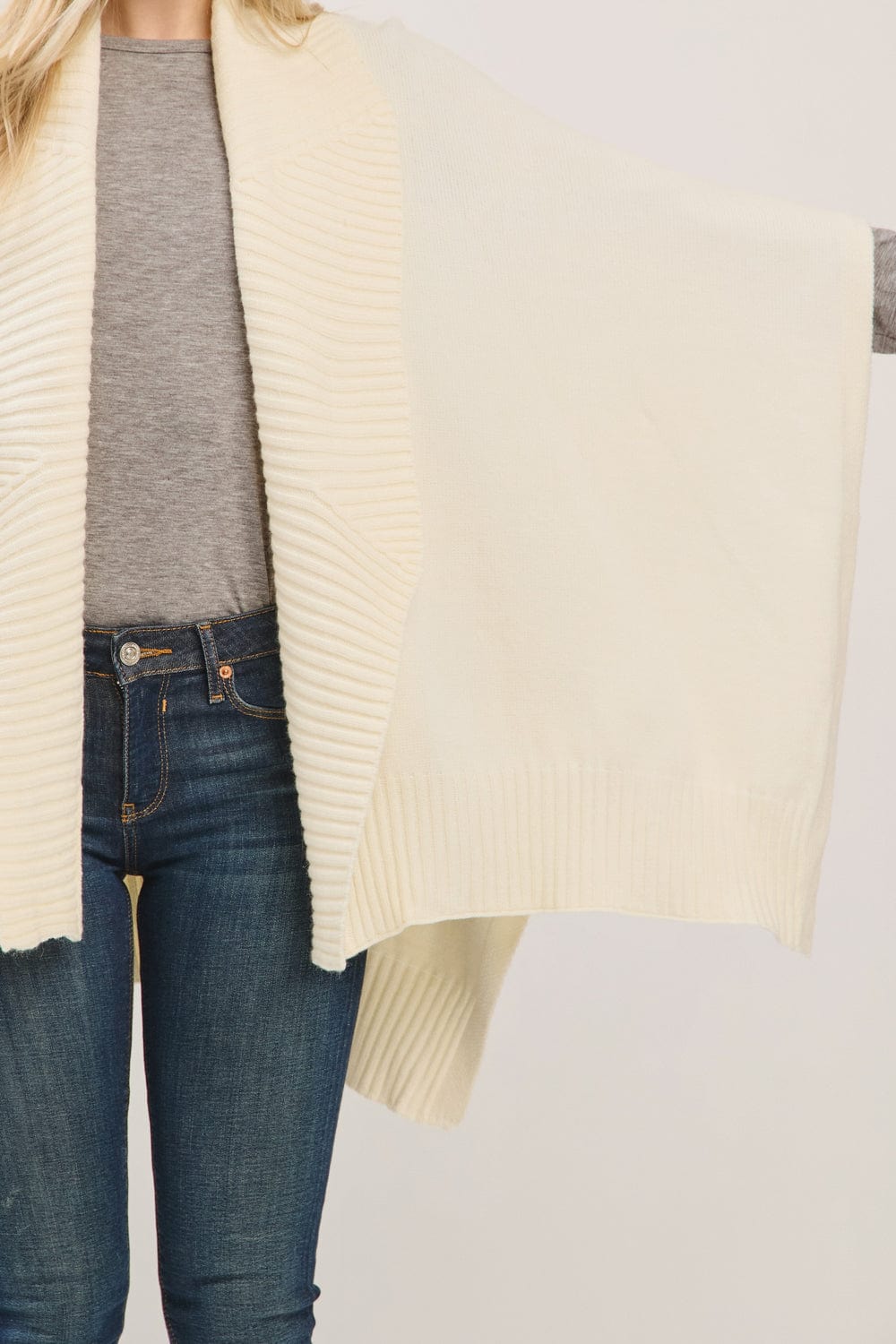 MS0455 Soft Knit Open Front Shawl With Ribbed Trim - MiMi Wholesale