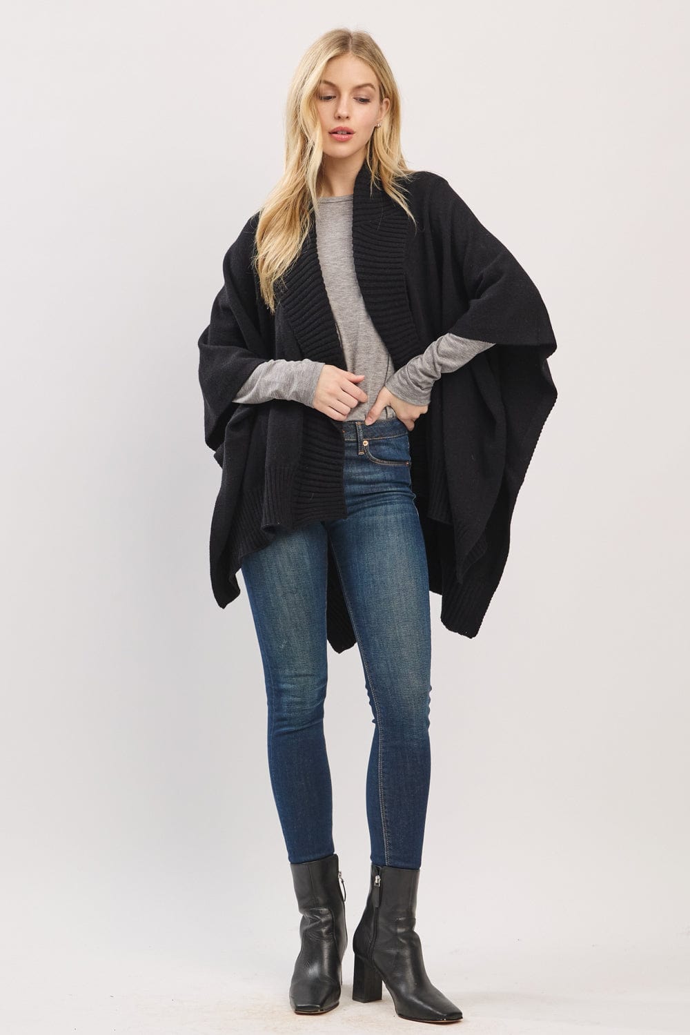 MS0455 Soft Knit Open Front Shawl With Ribbed Trim - MiMi Wholesale