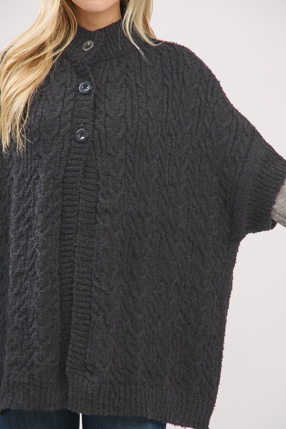 MS0463 Cable Knit Button Up Cape - MiMi Wholesale