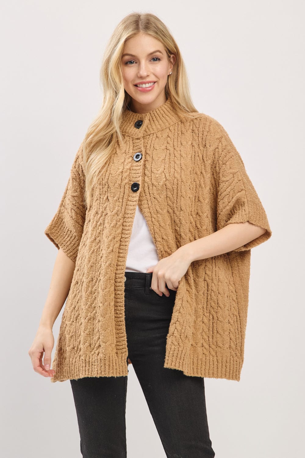 MS0463 Cable Knit Button Up Cape - MiMi Wholesale