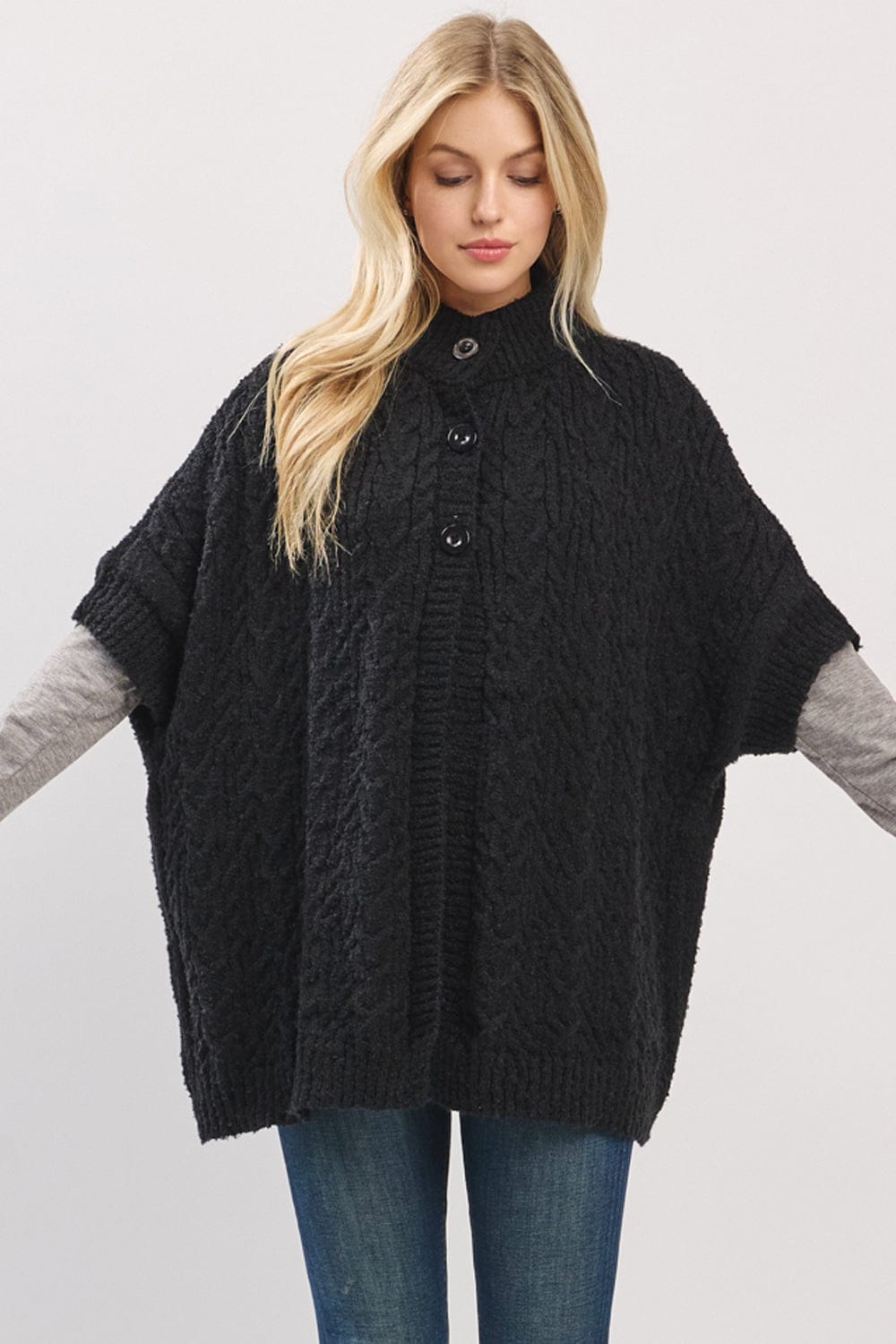 MS0463 Cable Knit Button Up Cape - MiMi Wholesale