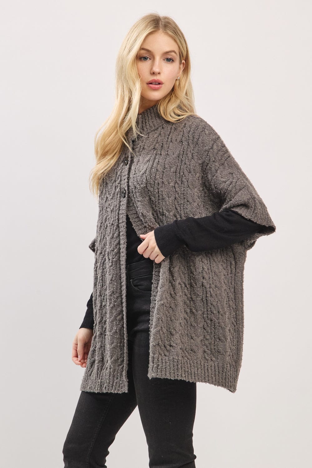 MS0463 Cable Knit Button Up Cape - MiMi Wholesale