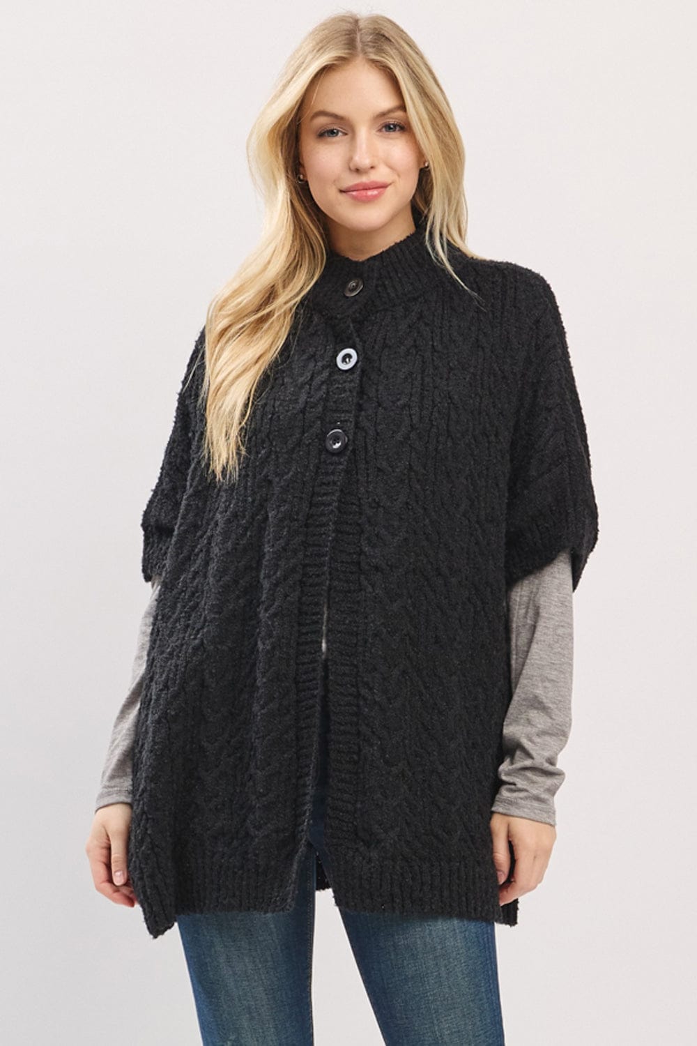 MS0463 Cable Knit Button Up Cape - MiMi Wholesale