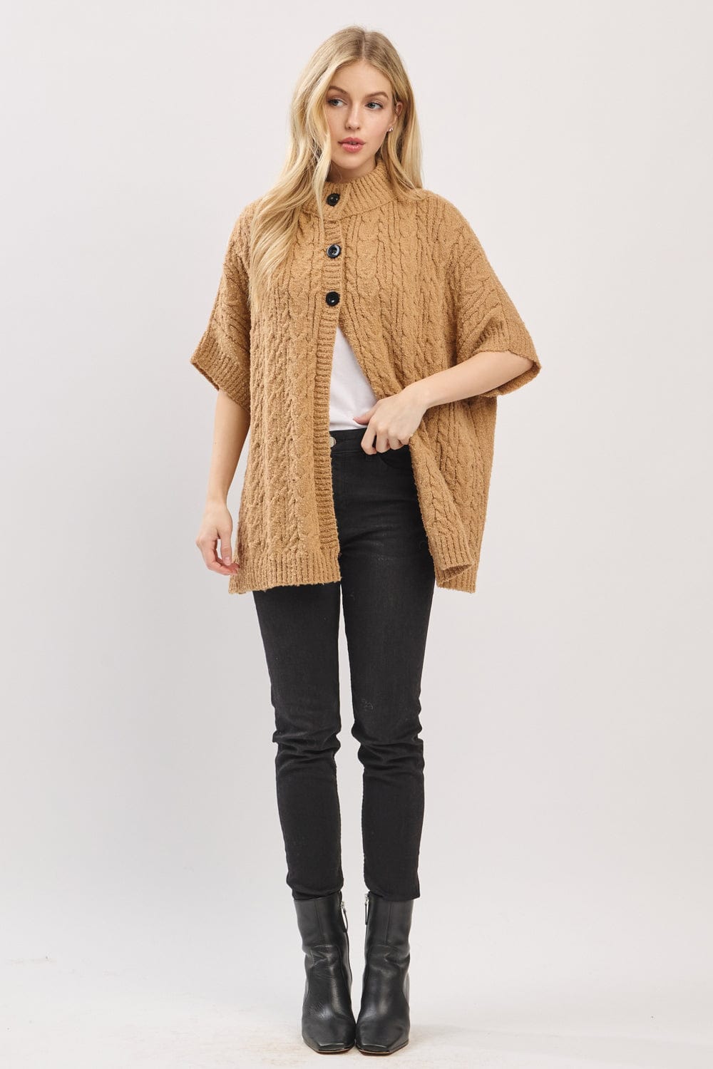MS0463 Cable Knit Button Up Cape - MiMi Wholesale