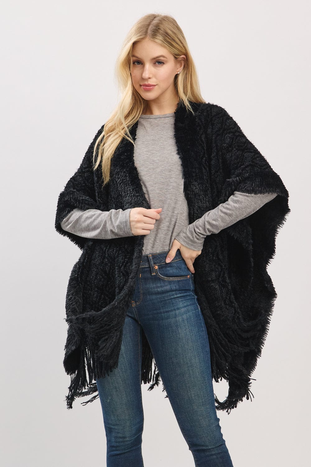 MS0465 Boucle Knit Soft Drape Fringe Shawl - MiMi Wholesale