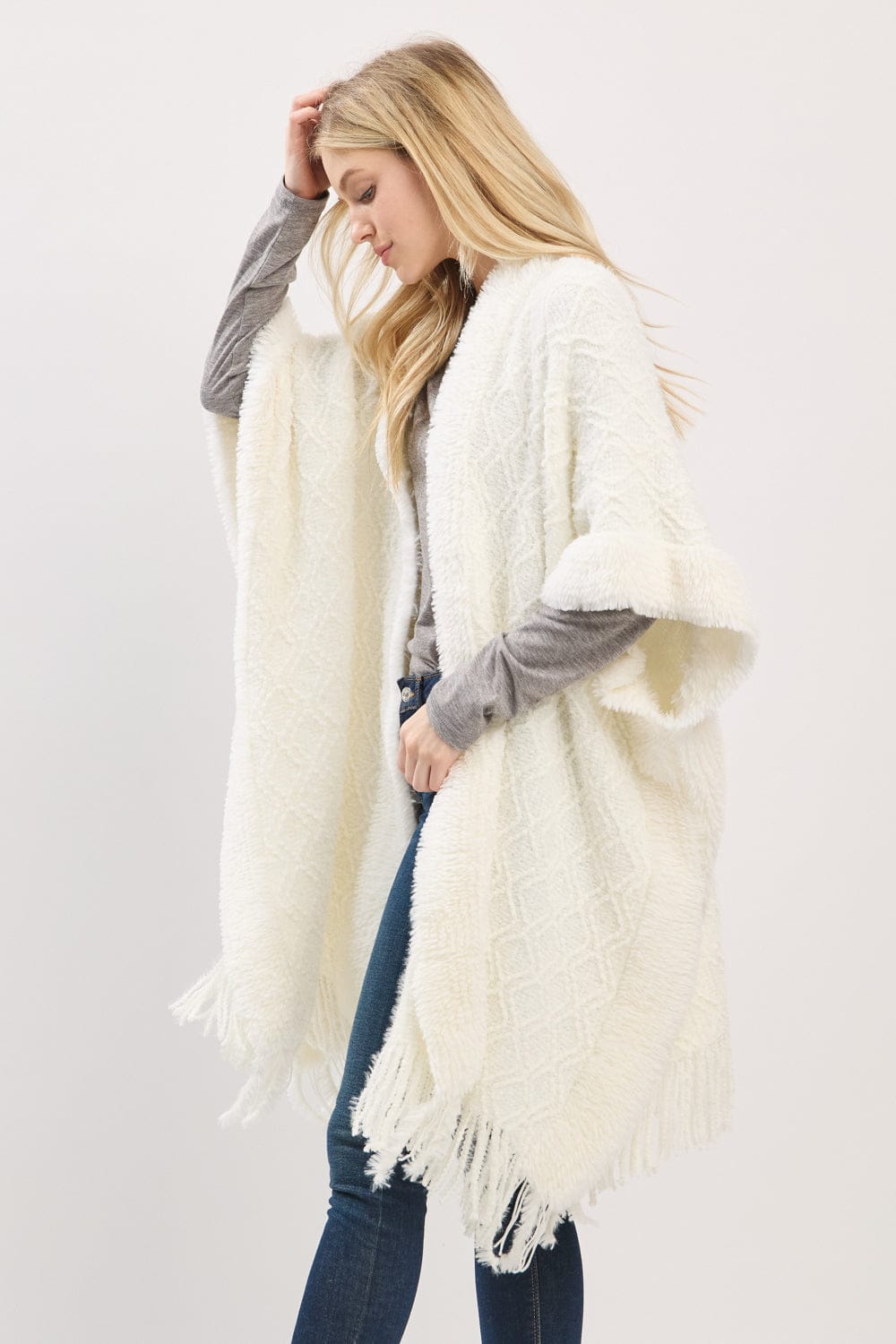MS0465 Boucle Knit Soft Drape Fringe Shawl - MiMi Wholesale