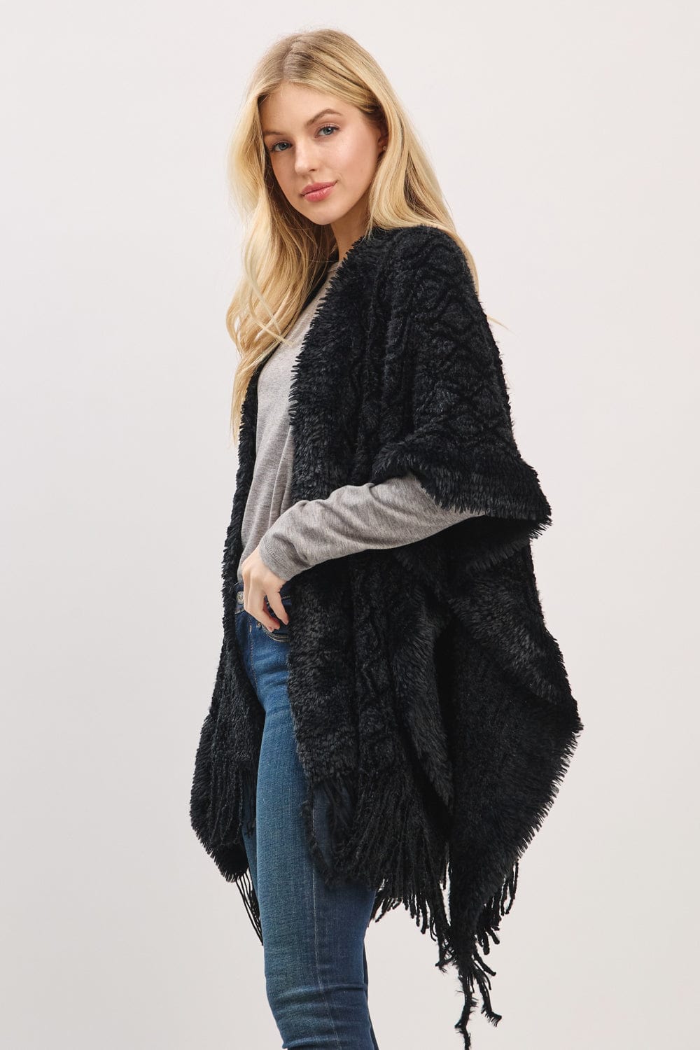 MS0465 Boucle Knit Soft Drape Fringe Shawl - MiMi Wholesale