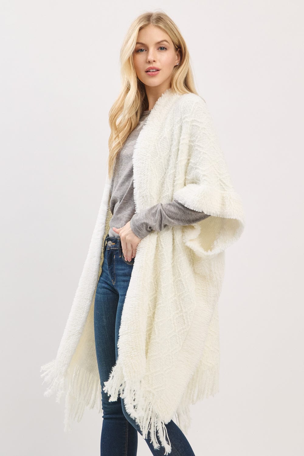 MS0465 Boucle Knit Soft Drape Fringe Shawl - MiMi Wholesale