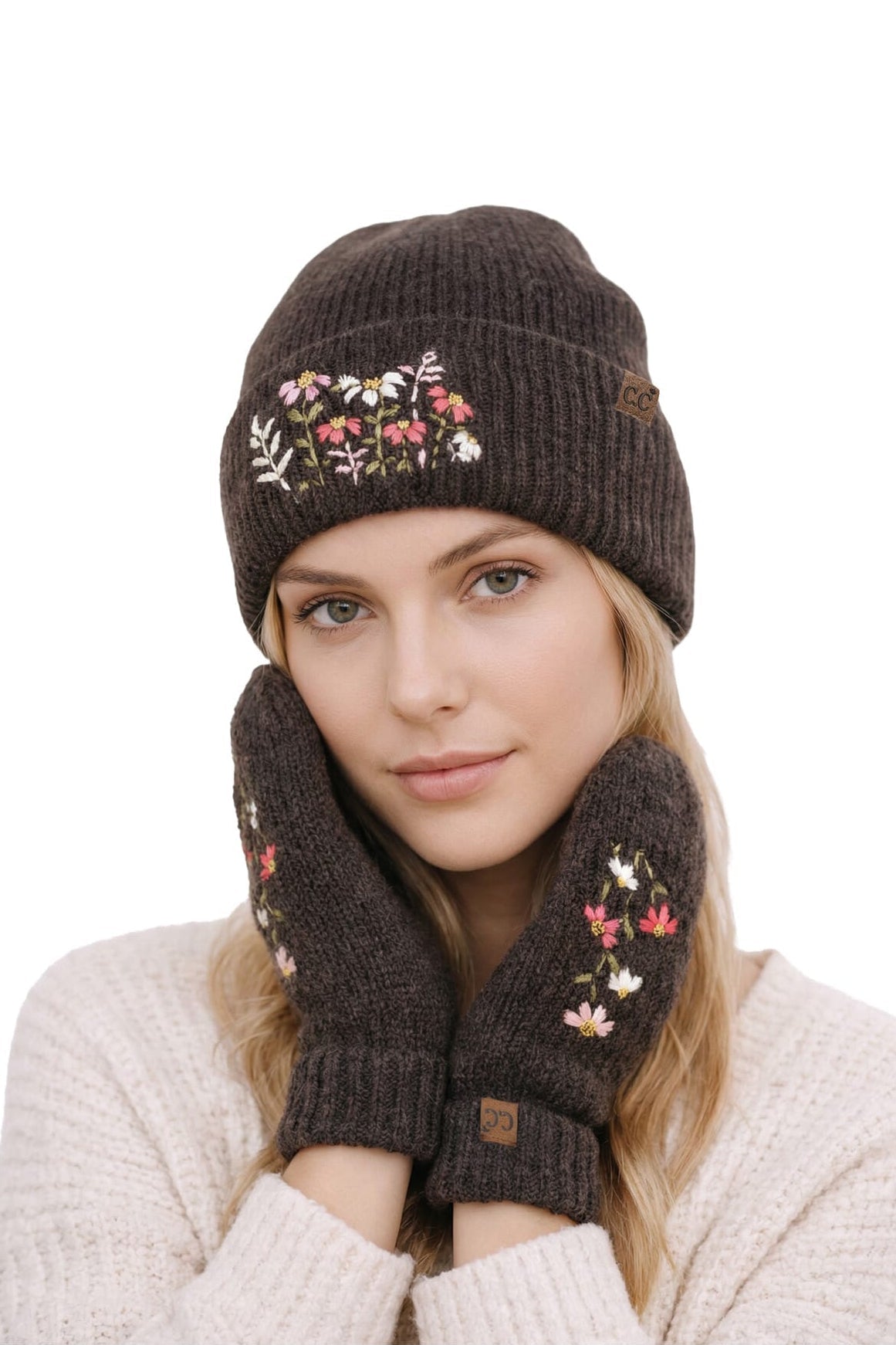 MTE0166 Iris Floral Embroidered Knit Mittens - MiMi Wholesale