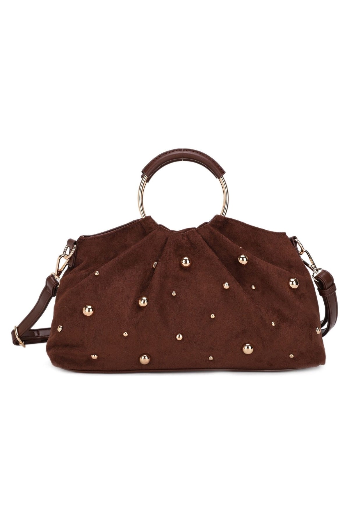 PA16785 Audrey Suede Studded Ring Handle Satchel - MiMi Wholesale