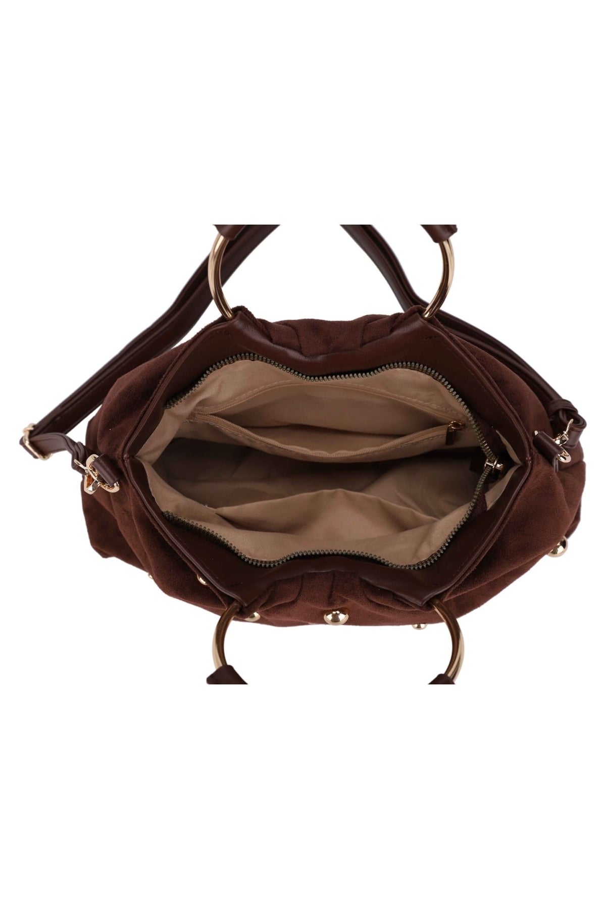 PA16785 Audrey Suede Studded Ring Handle Satchel - MiMi Wholesale
