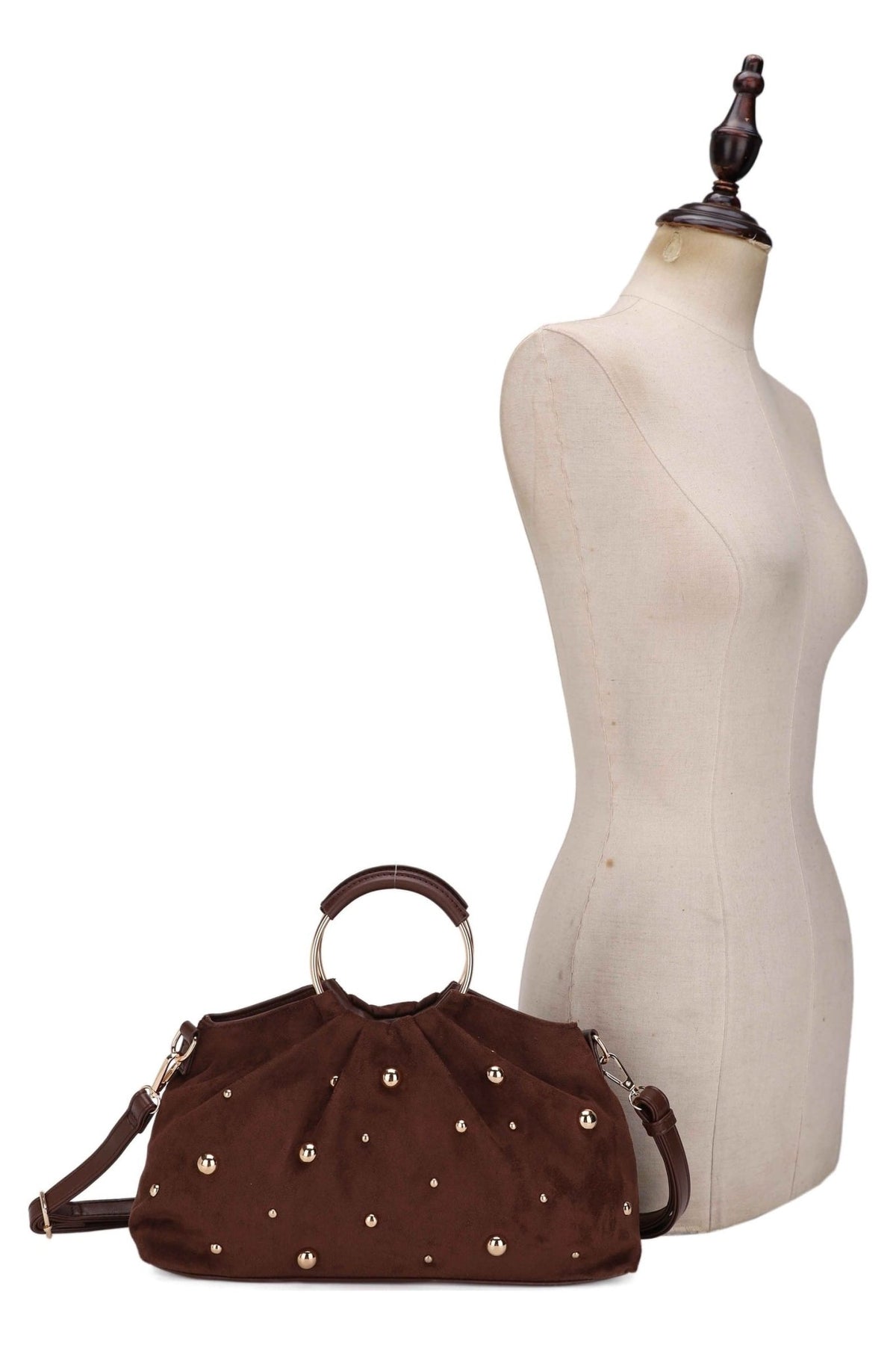 PA16785 Audrey Suede Studded Ring Handle Satchel - MiMi Wholesale